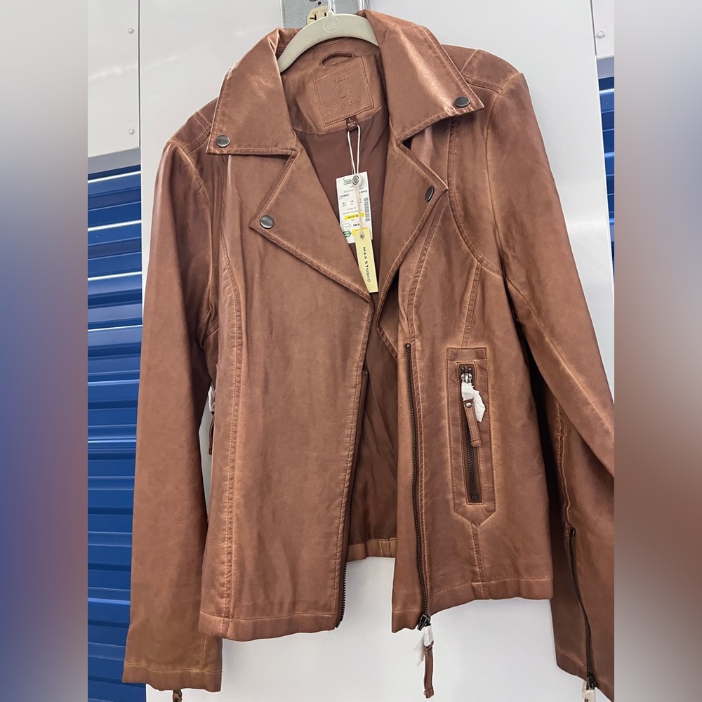 Brown Faux Leather Moto Jacket with Asymmetrical Zipper - Picture 3 of 4